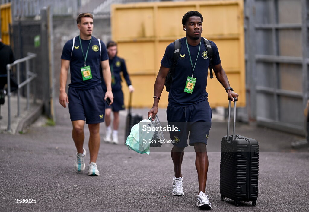 6 October 2026; Romeo Akachukwu of Republic of Ireland arrives before the UEFA European U21 Championship qualifier match between the Republic of Ireland and England at Turner's Cross Stadium in Cork. Photo by Ben McShane/Sportsfile