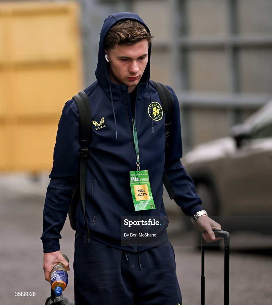 6 October 2026; Jamie Mullins of Republic of Ireland arrives before the UEFA European U21 Championship qualifier match between the Republic of Ireland and England at Turner's Cross Stadium in Cork. Photo by Ben McShane/Sportsfile