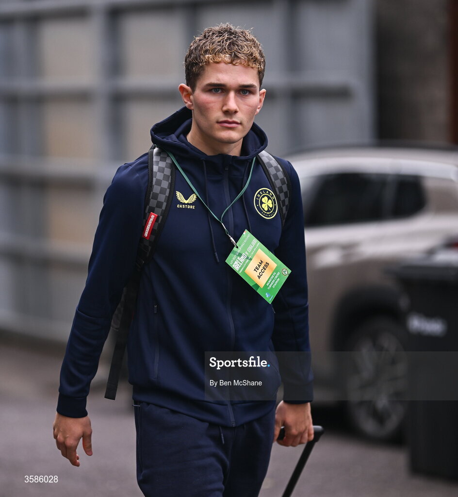 6 October 2026; Jacob Devaney of Republic of Ireland arrives before the UEFA European U21 Championship qualifier match between the Republic of Ireland and England at Turner's Cross Stadium in Cork. Photo by Ben McShane/Sportsfile