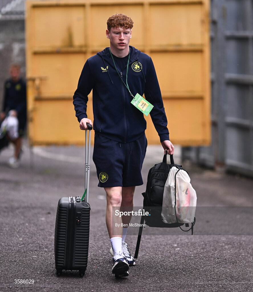 6 October 2026; Adam Brennan of Republic of Ireland arrives before the UEFA European U21 Championship qualifier match between the Republic of Ireland and England at Turner's Cross Stadium in Cork. Photo by Ben McShane/Sportsfile