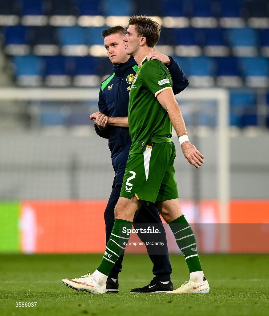 4 October 2026; Jimmy Dunne of Republic of Ireland and communications manager Kieran Crowley following the UEFA Nations League B match between the Republic of Ireland and Israel at TSC Arena in Backa Topola, Serbia. Photo by Stephen McCarthy/Sportsfile