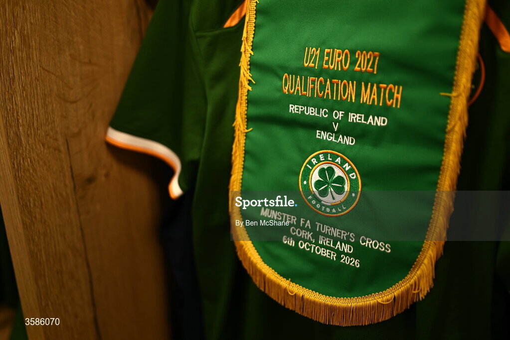 6 October 2026; A general view of a pennant hanging alongside the jersey of captain Sean Grehan in the Republic of Ireland dressing room before the UEFA European U21 Championship qualifier match between the Republic of Ireland and England at Turner's Cross Stadium in Cork. Photo by Ben McShane/Sportsfile