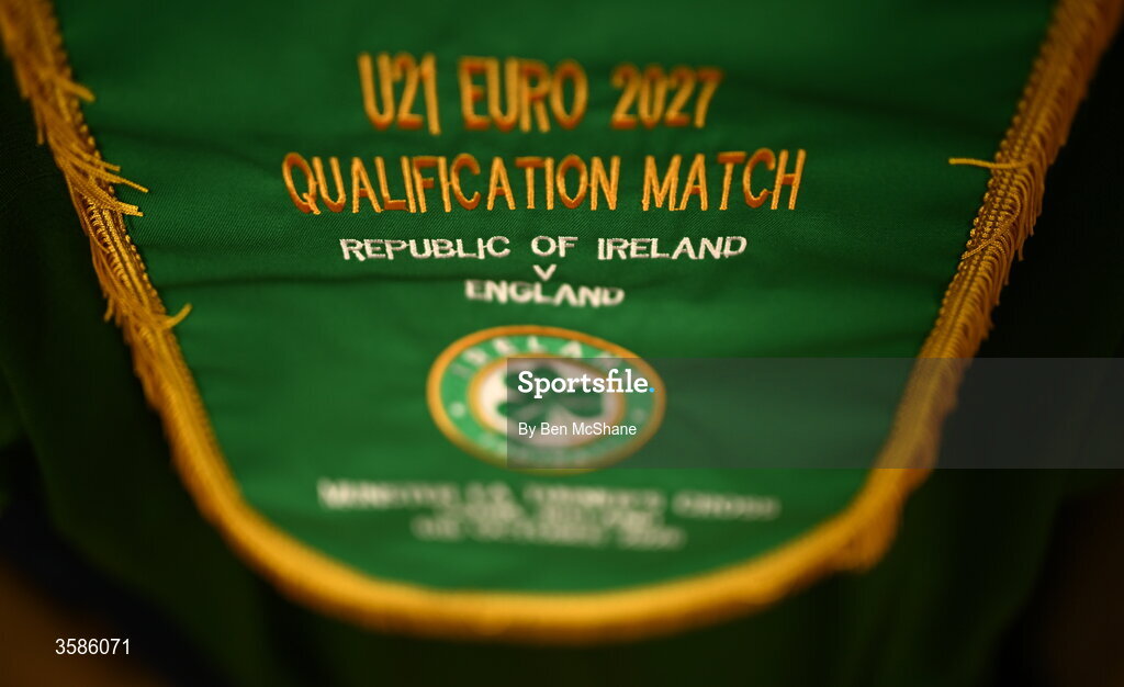 6 October 2026; A detailed view of a pennant hanging alongside the jersey of captain Sean Grehan in the Republic of Ireland dressing room before the UEFA European U21 Championship qualifier match between the Republic of Ireland and England at Turner's Cross Stadium in Cork. Photo by Ben McShane/Sportsfile
