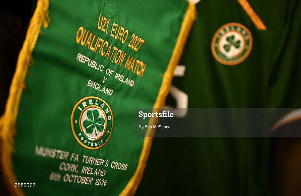 6 October 2026; The jersey of captain Sean Grehan hangs in the Republic of Ireland dressing room alongside a pennant before the UEFA European U21 Championship qualifier match between the Republic of Ireland and England at Turner's Cross Stadium in Cork. Photo by Ben McShane/Sportsfile