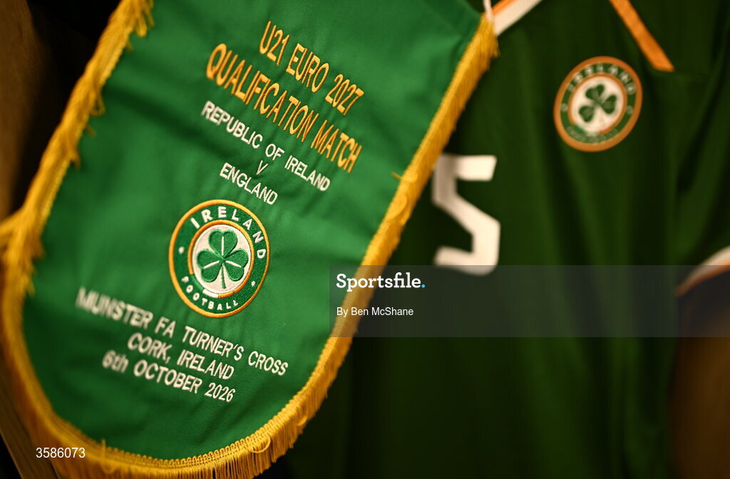 6 October 2026; The jersey of captain Sean Grehan hangs in the Republic of Ireland dressing room alongside a pennant before the UEFA European U21 Championship qualifier match between the Republic of Ireland and England at Turner's Cross Stadium in Cork. Photo by Ben McShane/Sportsfile