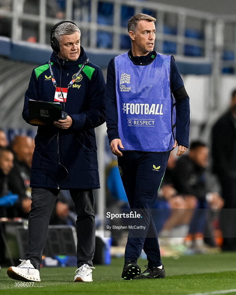 4 October 2026; Republic of Ireland head of athletic performance Damien Doyle, right, and match manager Cliff Henry, left, during the UEFA Nations League B match between the Republic of Ireland and Israel at TSC Arena in Backa Topola, Serbia.  Photo by Stephen McCarthy/Sportsfile