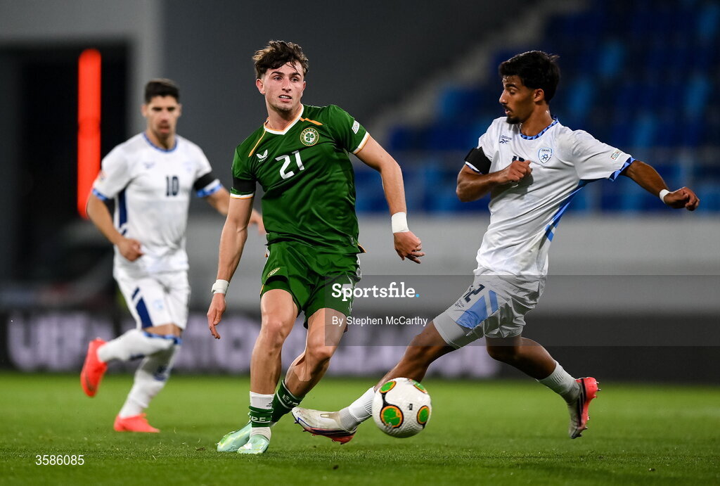 4 October 2026; Rocco Vata of Republic of Ireland in action against Yarin Levi of Israel during the UEFA Nations League B match between the Republic of Ireland and Israel at TSC Arena in Backa Topola, Serbia. Photo by Stephen McCarthy/Sportsfile