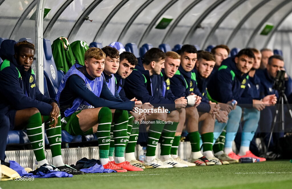4 October 2026; Republic of Ireland substitutes, from left, Bosun Lawal, Joel Bagan, Owen Elding, Tom Cannon, Liam Kitching, Killian Phillips, John Egan, Josh Keeley and Max O'Leary during the UEFA Nations League B match between the Republic of Ireland and Israel at TSC Arena in Backa Topola, Serbia. Photo by Stephen McCarthy/Sportsfile