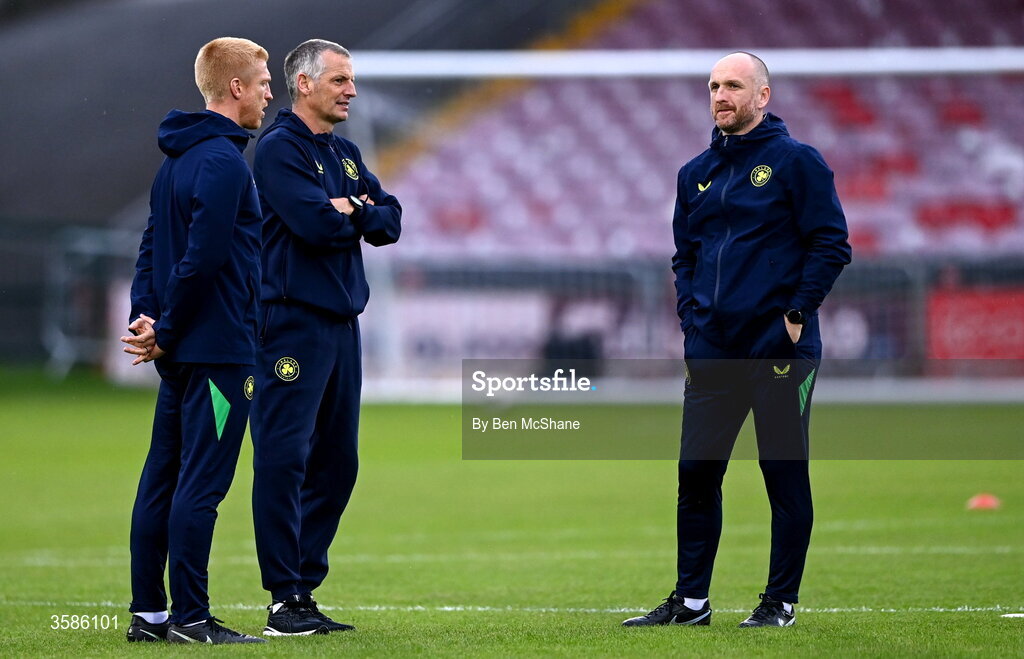 6 October 2026; Republic of Ireland staff, from left, Republic of Ireland coach Paul McShane, Republic of Ireland U21 manager Jim Crawford and Republic of Ireland assistant manager Stephen O'Donnell before the UEFA European U21 Championship qualifier match between the Republic of Ireland and England at Turner's Cross Stadium in Cork. Photo by Ben McShane/Sportsfile