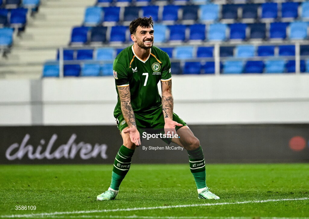4 October 2026; Troy Parrott of Republic of Ireland reacts to a missed opportunity on goal during the UEFA Nations League B match between the Republic of Ireland and Israel at TSC Arena in Backa Topola, Serbia. Photo by Stephen McCarthy/Sportsfile