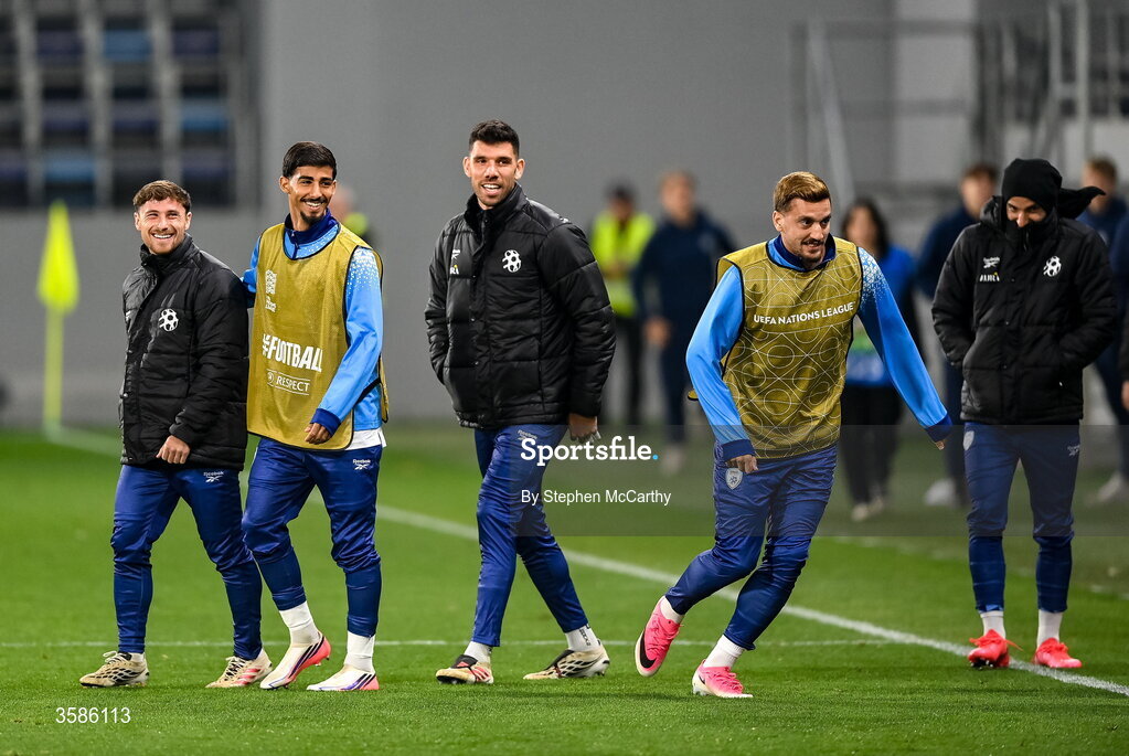 4 October 2026; Israel players laugh as they take to the pitch at half-time following an incident in the tunnel area as the teams and officials left the pitch for half-time during the UEFA Nations League B match between the Republic of Ireland and Israel at TSC Arena in Backa Topola, Serbia. Photo by Stephen McCarthy/Sportsfile