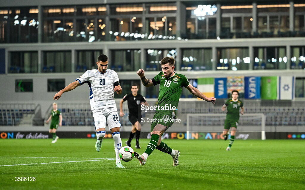 4 October 2026; Ryan Manning of Republic of Ireland in action against Liel Abada of Israel during the UEFA Nations League B match between the Republic of Ireland and Israel at TSC Arena in Backa Topola, Serbia. Photo by Stephen McCarthy/Sportsfile