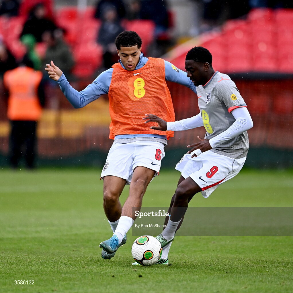 6 October 2026; Jahmai Simpson-Pusey, left, and Divin Mubama of England before the UEFA European U21 Championship qualifier match between the Republic of Ireland and England at Turner's Cross Stadium in Cork. Photo by Ben McShane/Sportsfile
