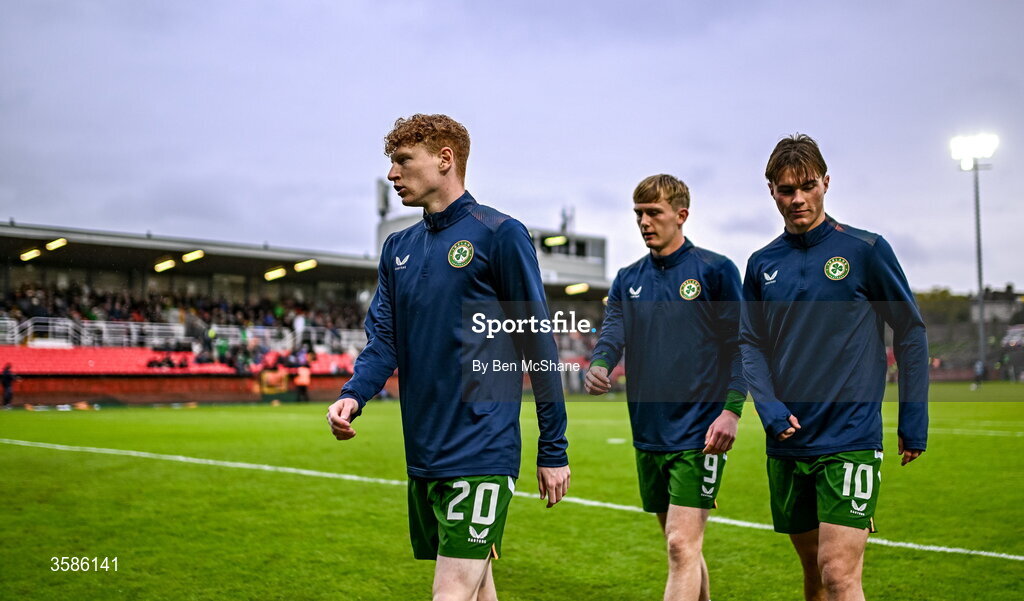 6 October 2026; Republic of Ireland players, from left, Adam Brennan, Michael Noonan and Grady McDonnell during the UEFA European U21 Championship qualifier match between the Republic of Ireland and England at Turner's Cross Stadium in Cork. Photo by Ben McShane/Sportsfile