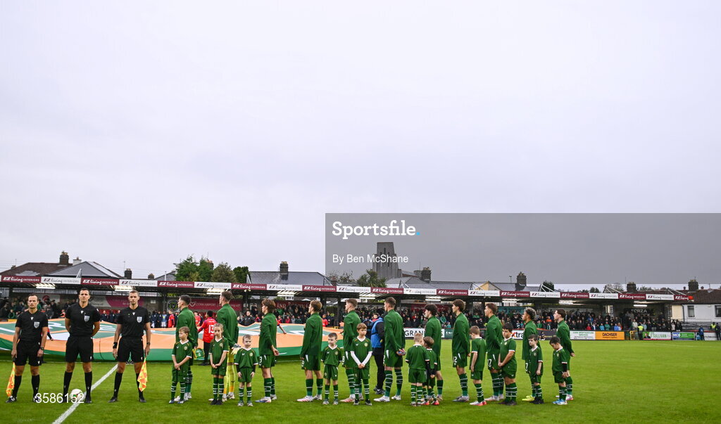 6 October 2026; Republic of Ireland players during the playing of Amhrán na bhFiann before the UEFA European U21 Championship qualifier match between the Republic of Ireland and England at Turner's Cross Stadium in Cork. Photo by Ben McShane/Sportsfile