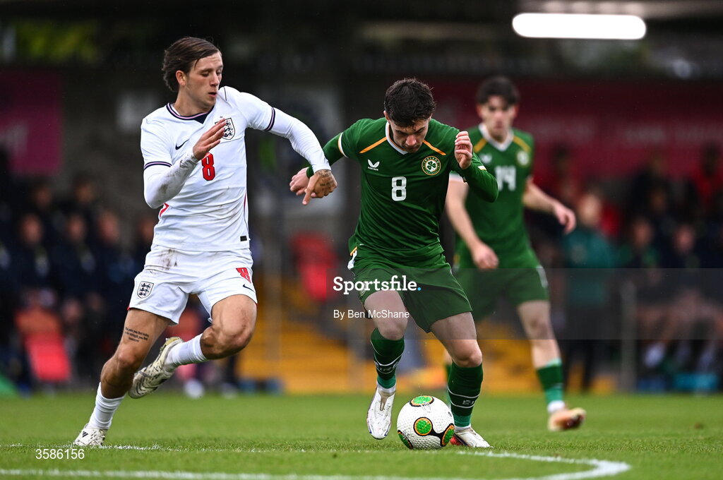 6 October 2026; Sydie Peck of England in action against Jamie Mullins of Republic of Ireland during the UEFA European U21 Championship qualifier match between the Republic of Ireland and England at Turner's Cross Stadium in Cork. Photo by Ben McShane/Sportsfile
