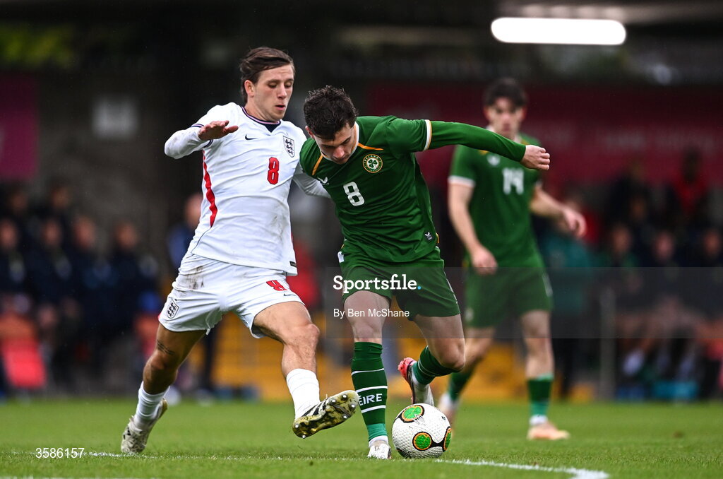 6 October 2026; Sydie Peck of England in action against Jamie Mullins of Republic of Ireland during the UEFA European U21 Championship qualifier match between the Republic of Ireland and England at Turner's Cross Stadium in Cork. Photo by Ben McShane/Sportsfile