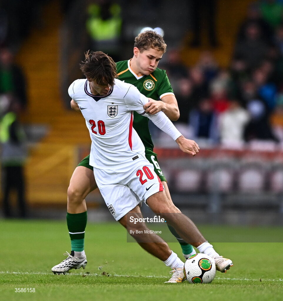6 October 2026; Tyler Dibling of England in action against Jacob Devaney of Republic of Ireland during the UEFA European U21 Championship qualifier match between the Republic of Ireland and England at Turner's Cross Stadium in Cork. Photo by Ben McShane/Sportsfile