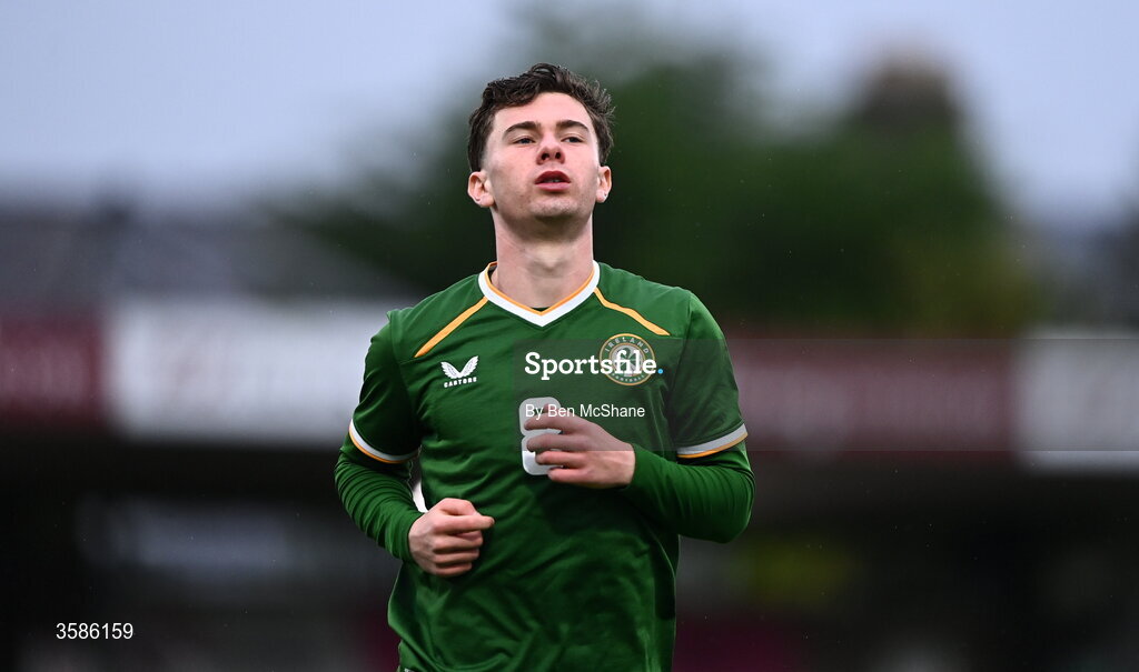 6 October 2026; Jamie Mullins of Republic of Ireland reacts to a missed opportunity on goal during the UEFA European U21 Championship qualifier match between the Republic of Ireland and England at Turner's Cross Stadium in Cork. Photo by Ben McShane/Sportsfile