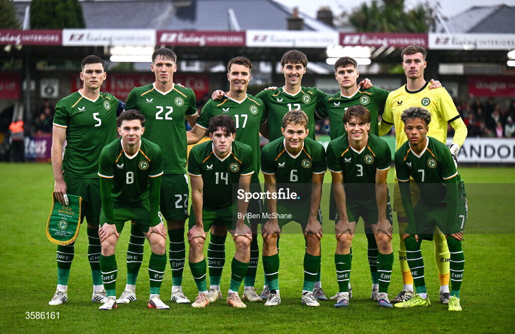 6 October 2026; The Republic of Ireland team, back row, from left, Sean Grehan, Oisin Gallagher, Tommy Lonergan, Cathal McCarthy, Alex Murphy and goalkeeper Noah Jauny, front row, from left, Jamie Mullins, Rory Finneran, Jacob Devaney Conor McManus and Trent Kone-Doherty before the UEFA European U21 Championship qualifier match between the Republic of Ireland and England at Turner's Cross Stadium in Cork. Photo by Ben McShane/Sportsfile