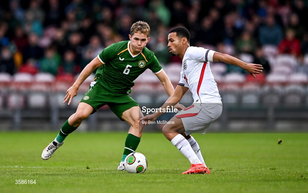 6 October 2026; Ethan Nwaneri of England in action against Jacob Devaney of Republic of Ireland during the UEFA European U21 Championship qualifier match between the Republic of Ireland and England at Turner's Cross Stadium in Cork. Photo by Ben McShane/Sportsfile