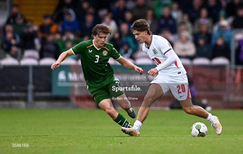 6 October 2026; Tyler Dibling of England in action against Conor McManus of Republic of Ireland during the UEFA European U21 Championship qualifier match between the Republic of Ireland and England at Turner's Cross Stadium in Cork. Photo by Ben McShane/Sportsfile