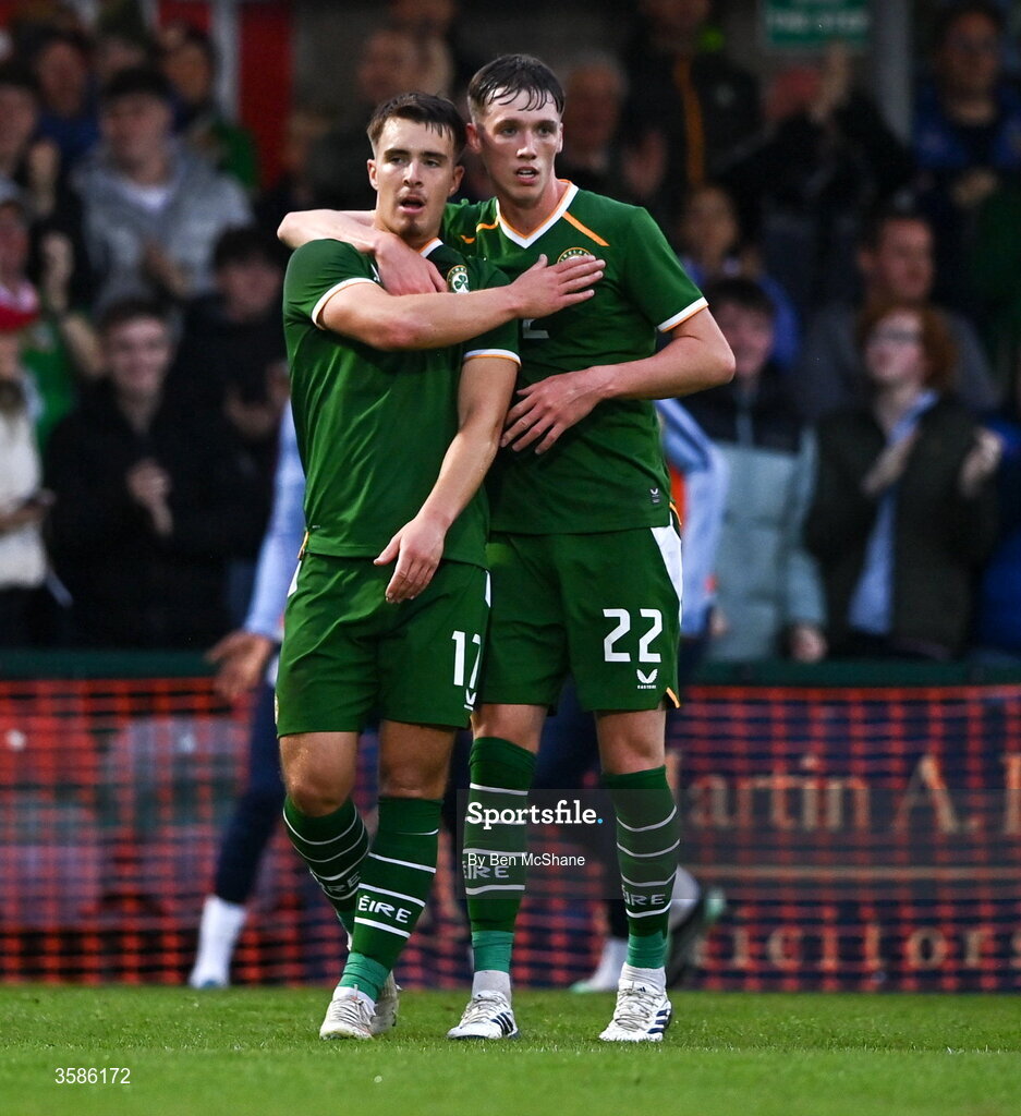 6 October 2026; Tommy Lonergan of Republic of Ireland, left, celebrates with team-mate Oisin Gallagher after scoring their side's first goal during the UEFA European U21 Championship qualifier match between the Republic of Ireland and England at Turner's Cross Stadium in Cork. Photo by Ben McShane/Sportsfile