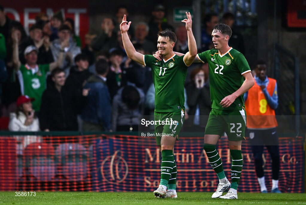 6 October 2026; Tommy Lonergan of Republic of Ireland, left, celebrates with team-mate Oisin Gallagher after scoring their side's first goal during the UEFA European U21 Championship qualifier match between the Republic of Ireland and England at Turner's Cross Stadium in Cork. Photo by Ben McShane/Sportsfile