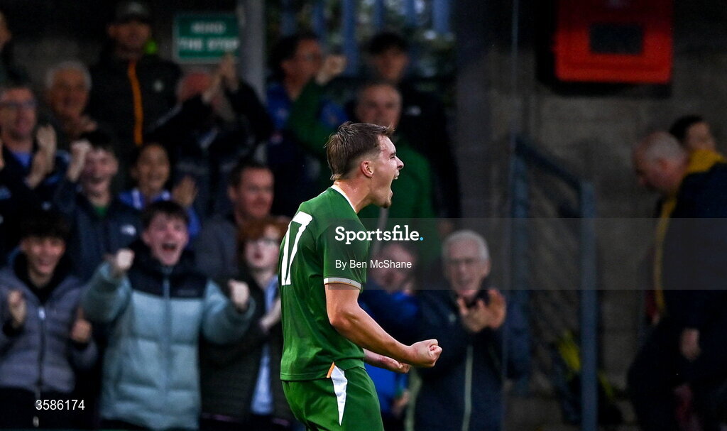 6 October 2026; Tommy Lonergan of Republic of Ireland celebrates after scoring his side's first goal during the UEFA European U21 Championship qualifier match between the Republic of Ireland and England at Turner's Cross Stadium in Cork. Photo by Ben McShane/Sportsfile