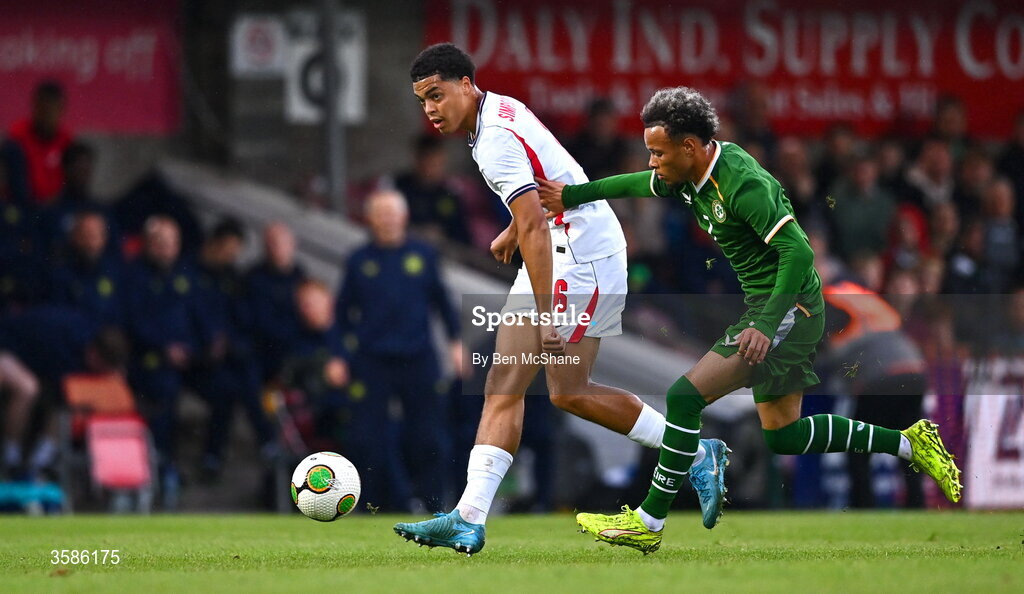 6 October 2026; Jahmai Simpson-Pusey of England in action against Trent Kone-Doherty of Republic of Ireland during the UEFA European U21 Championship qualifier match between the Republic of Ireland and England at Turner's Cross Stadium in Cork. Photo by Ben McShane/Sportsfile