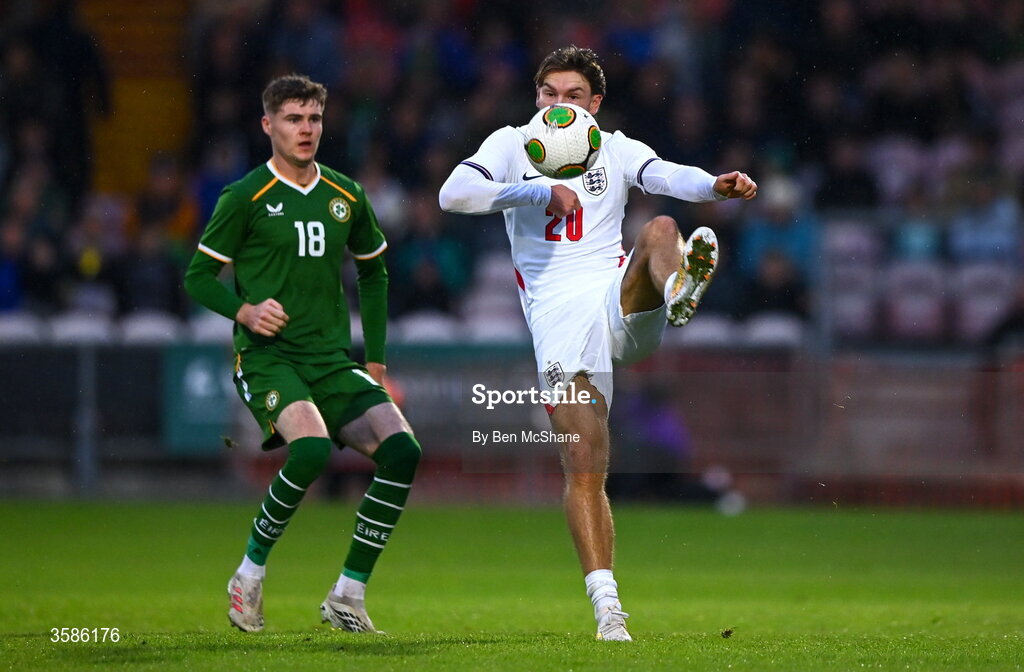 6 October 2026; Tyler Dibling of England in action against Alex Murphy of Republic of Ireland during the UEFA European U21 Championship qualifier match between the Republic of Ireland and England at Turner's Cross Stadium in Cork. Photo by Ben McShane/Sportsfile