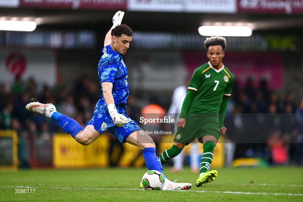 6 October 2026; England goalkeeper Tommy Setford in action against Trent Kone-Doherty of Republic of Ireland during the UEFA European U21 Championship qualifier match between the Republic of Ireland and England at Turner's Cross Stadium in Cork. Photo by Ben McShane/Sportsfile