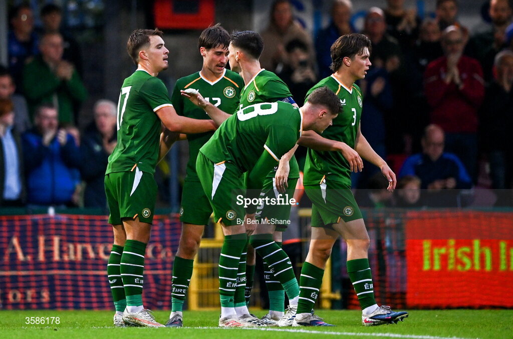 6 October 2026; Tommy Lonergan of Republic of Ireland, left, celebrates with team-mates after scoring their side's first goal during the UEFA European U21 Championship qualifier match between the Republic of Ireland and England at Turner's Cross Stadium in Cork. Photo by Ben McShane/Sportsfile