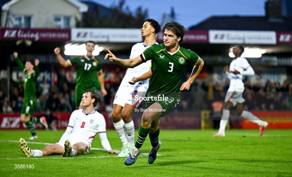 6 October 2026; Conor McManus of Republic of Ireland celebrates after scoring his side's second goal during the UEFA European U21 Championship qualifier match between the Republic of Ireland and England at Turner's Cross Stadium in Cork. Photo by Ben McShane/Sportsfile