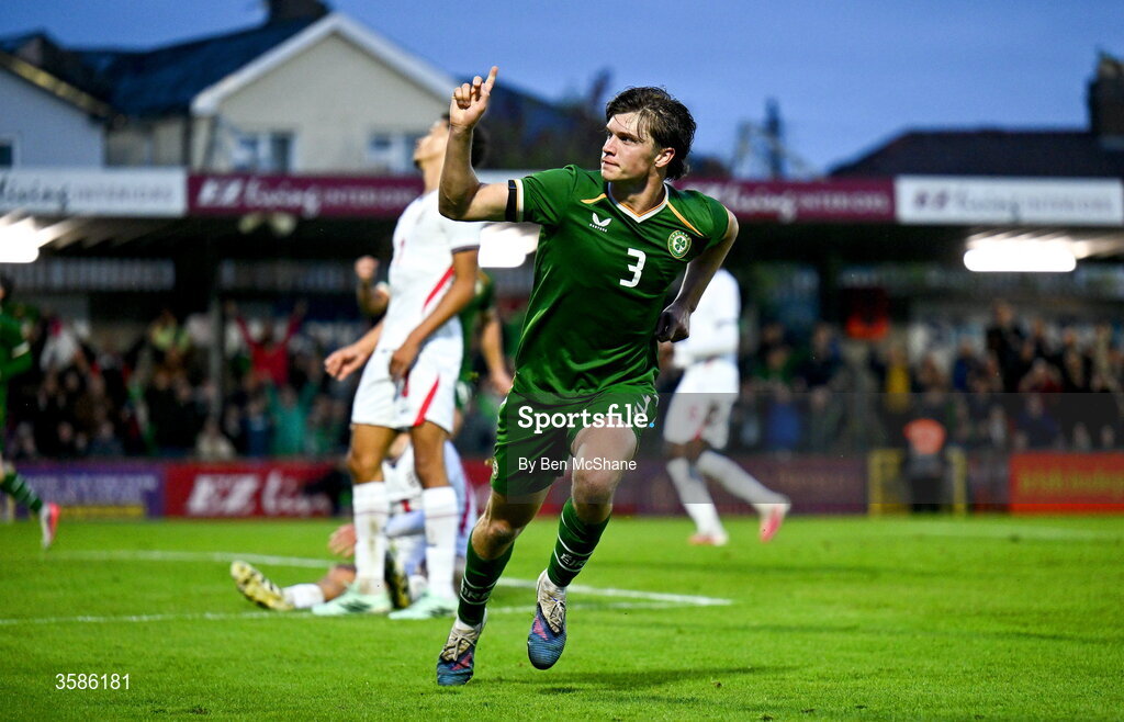 6 October 2026; Conor McManus of Republic of Ireland celebrates after scoring his side's second goal during the UEFA European U21 Championship qualifier match between the Republic of Ireland and England at Turner's Cross Stadium in Cork. Photo by Ben McShane/Sportsfile