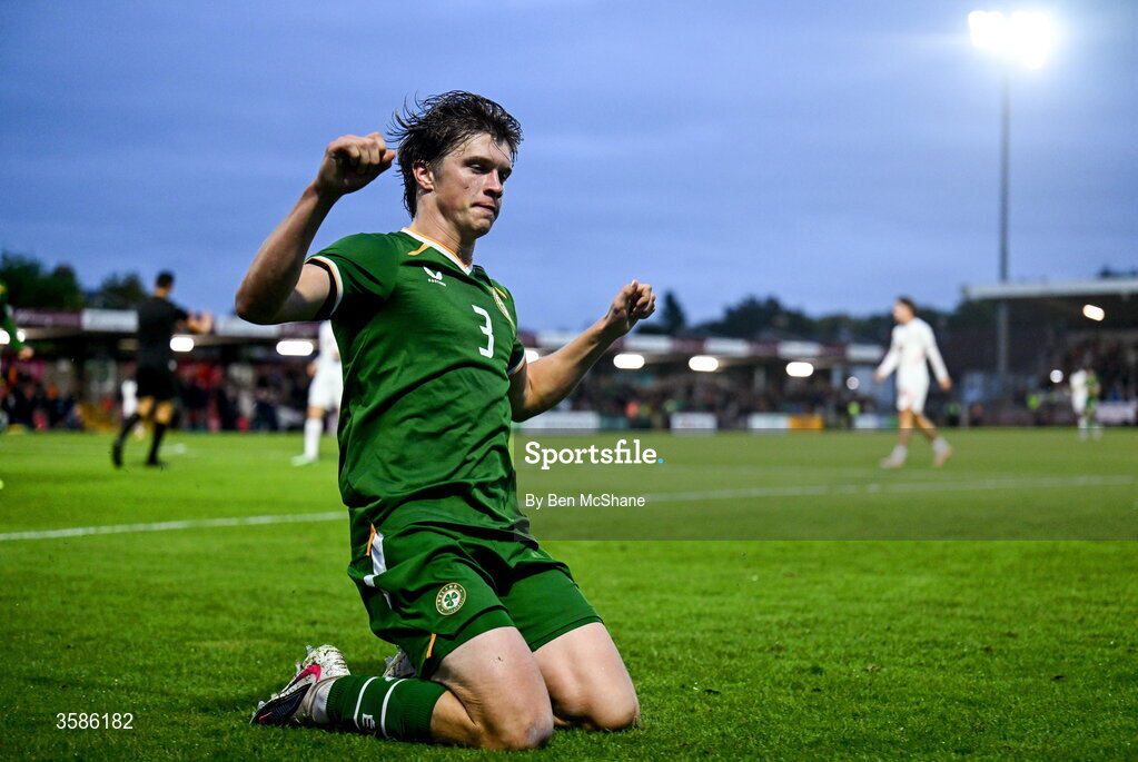 6 October 2026; Conor McManus of Republic of Ireland celebrates after scoring his side's second goal during the UEFA European U21 Championship qualifier match between the Republic of Ireland and England at Turner's Cross Stadium in Cork. Photo by Ben McShane/Sportsfile