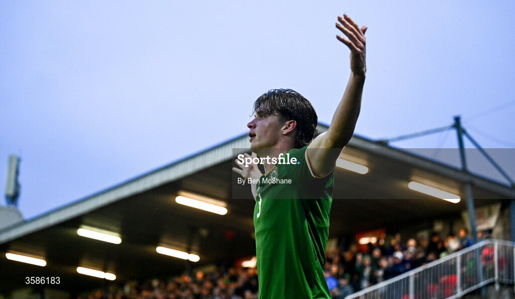 6 October 2026; Conor McManus of Republic of Ireland celebrates after scoring his side's second goal during the UEFA European U21 Championship qualifier match between the Republic of Ireland and England at Turner's Cross Stadium in Cork. Photo by Ben McShane/Sportsfile