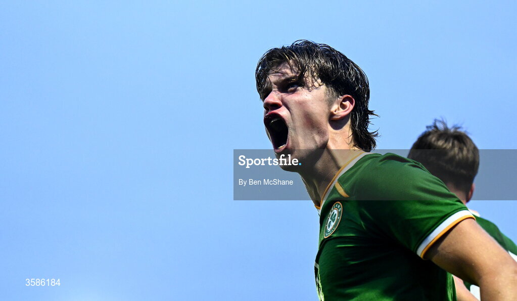6 October 2026; Conor McManus of Republic of Ireland celebrates after scoring his side's second goal during the UEFA European U21 Championship qualifier match between the Republic of Ireland and England at Turner's Cross Stadium in Cork. Photo by Ben McShane/Sportsfile