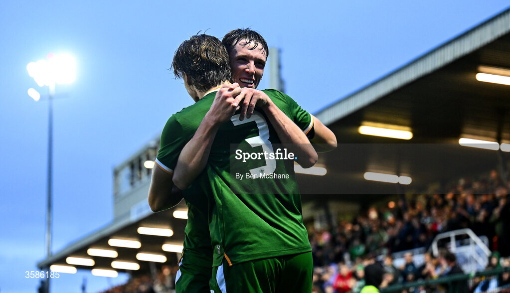 6 October 2026; Conor McManus of Republic of Ireland, 3, celebrates with team-mate Oisin Gallagher after scoring their side's second goal during the UEFA European U21 Championship qualifier match between the Republic of Ireland and England at Turner's Cross Stadium in Cork. Photo by Ben McShane/Sportsfile