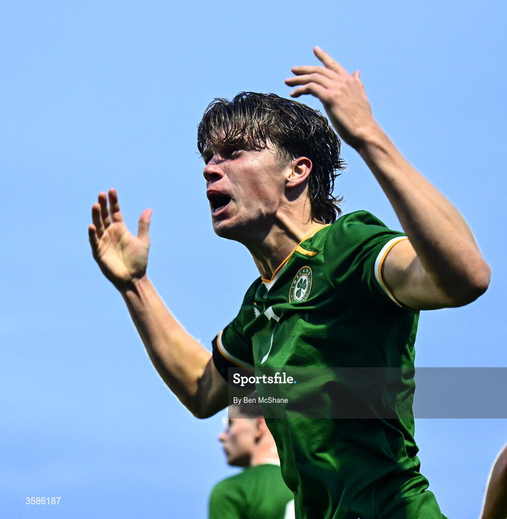 6 October 2026; Conor McManus of Republic of Ireland celebrates after scoring his side's second goal during the UEFA European U21 Championship qualifier match between the Republic of Ireland and England at Turner's Cross Stadium in Cork. Photo by Ben McShane/Sportsfile
