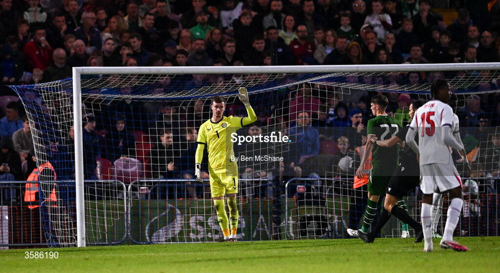 6 October 2026; Republic of Ireland goalkeeper Noah Jauny during the UEFA European U21 Championship qualifier match between the Republic of Ireland and England at Turner's Cross Stadium in Cork. Photo by Ben McShane/Sportsfile