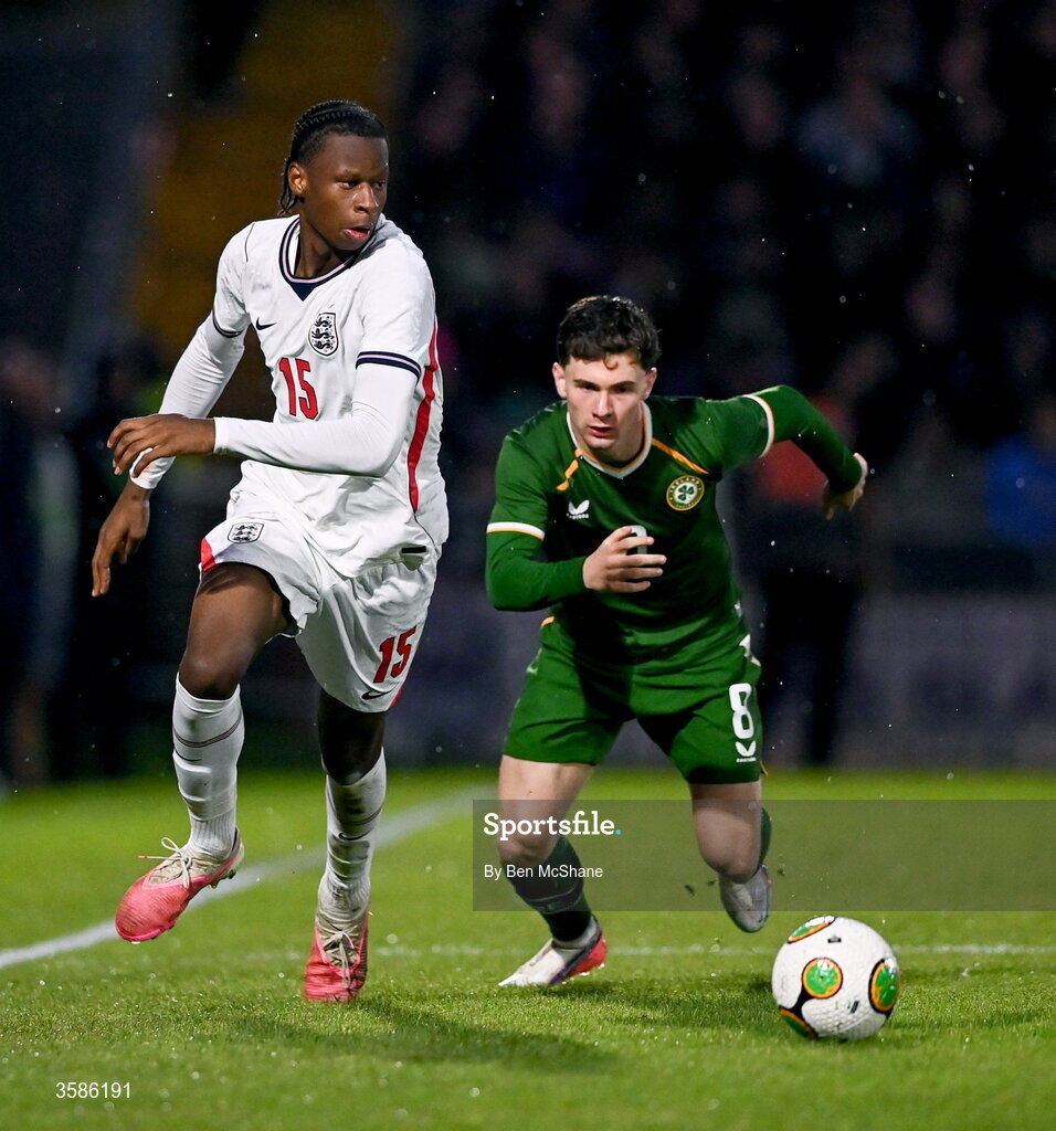6 October 2026; Stephen Mfuni of England in action against Jamie Mullins of Republic of Ireland during the UEFA European U21 Championship qualifier match between the Republic of Ireland and England at Turner's Cross Stadium in Cork. Photo by Ben McShane/Sportsfile