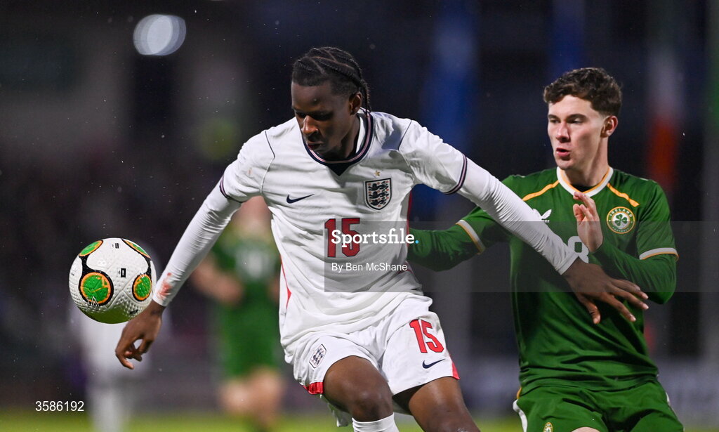 6 October 2026; Stephen Mfuni of England in action against Jamie Mullins of Republic of Ireland during the UEFA European U21 Championship qualifier match between the Republic of Ireland and England at Turner's Cross Stadium in Cork. Photo by Ben McShane/Sportsfile