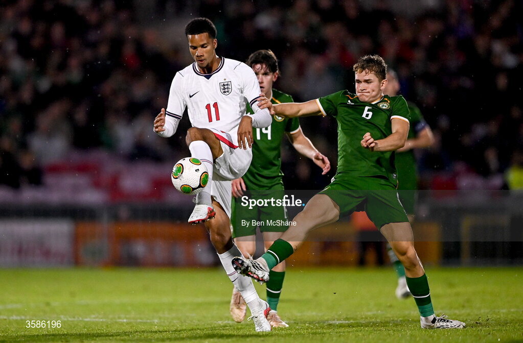 6 October 2026; Divine Mukasa of England in action against Jacob Devaney of Republic of Ireland during the UEFA European U21 Championship qualifier match between the Republic of Ireland and England at Turner's Cross Stadium in Cork. Photo by Ben McShane/Sportsfile