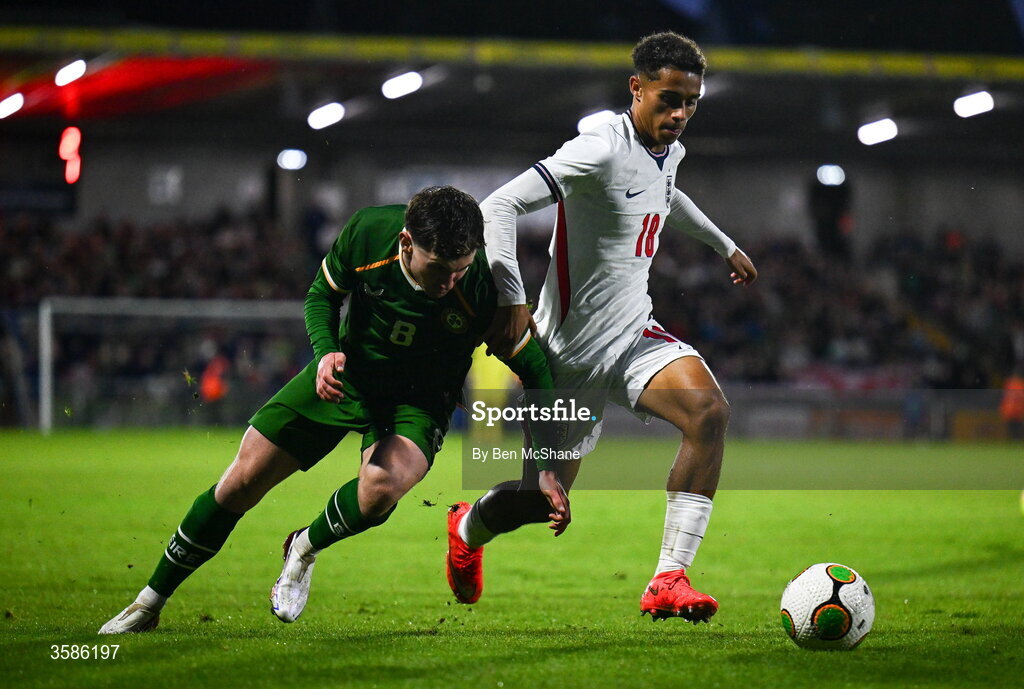 6 October 2026; Josh King of England in action against Jamie Mullins of Republic of Ireland during the UEFA European U21 Championship qualifier match between the Republic of Ireland and England at Turner's Cross Stadium in Cork. Photo by Ben McShane/Sportsfile
