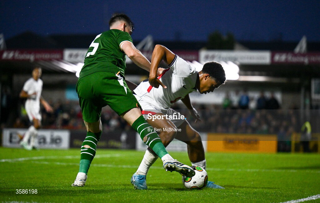 6 October 2026; Jahmai Simpson-Pusey of England in action against Sean Grehan of Republic of Ireland during the UEFA European U21 Championship qualifier match between the Republic of Ireland and England at Turner's Cross Stadium in Cork. Photo by Ben McShane/Sportsfile