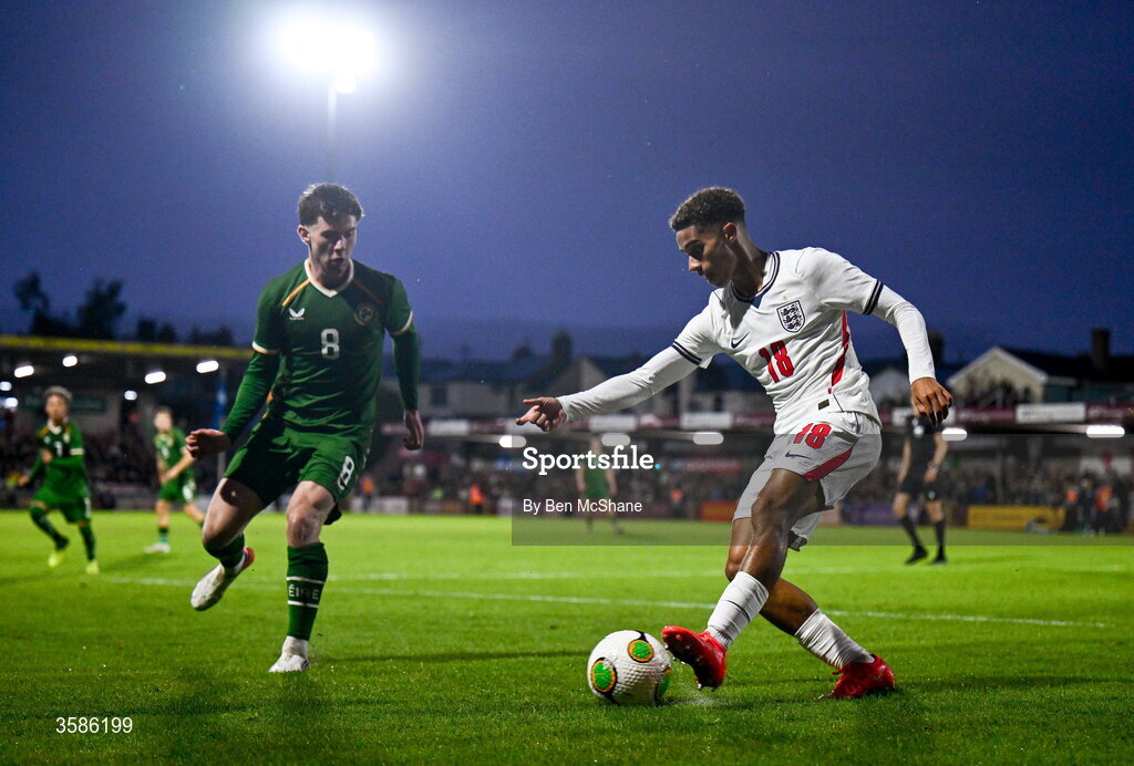 6 October 2026; Josh King of England in action against Jamie Mullins of Republic of Ireland during the UEFA European U21 Championship qualifier match between the Republic of Ireland and England at Turner's Cross Stadium in Cork. Photo by Ben McShane/Sportsfile