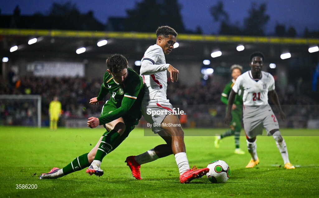 6 October 2026; Josh King of England in action against Jamie Mullins of Republic of Ireland during the UEFA European U21 Championship qualifier match between the Republic of Ireland and England at Turner's Cross Stadium in Cork. Photo by Ben McShane/Sportsfile