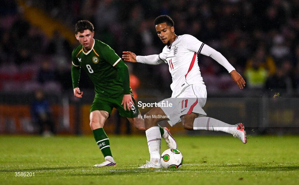 6 October 2026; Divine Mukasa of England in action against Jamie Mullins of Republic of Ireland during the UEFA European U21 Championship qualifier match between the Republic of Ireland and England at Turner's Cross Stadium in Cork. Photo by Ben McShane/Sportsfile
