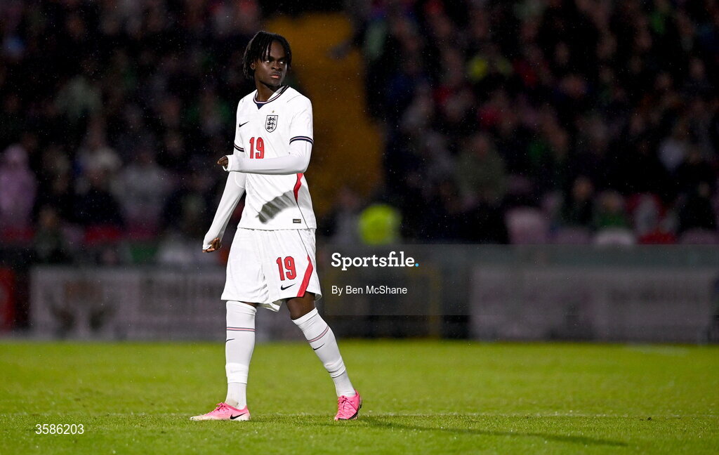 6 October 2026; Tyrique George of England during the UEFA European U21 Championship qualifier match between the Republic of Ireland and England at Turner's Cross Stadium in Cork. Photo by Ben McShane/Sportsfile
